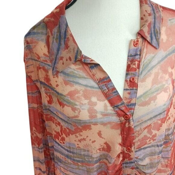 Wild Fable Dress Sheer Abstract Long Sleeve Button Down Retro 70s Size L - Picture 3 of 7